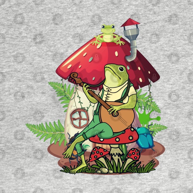 Frog sits on mushrooms and plays guitar, frog lover, mushrooms lovers by twitaadesign